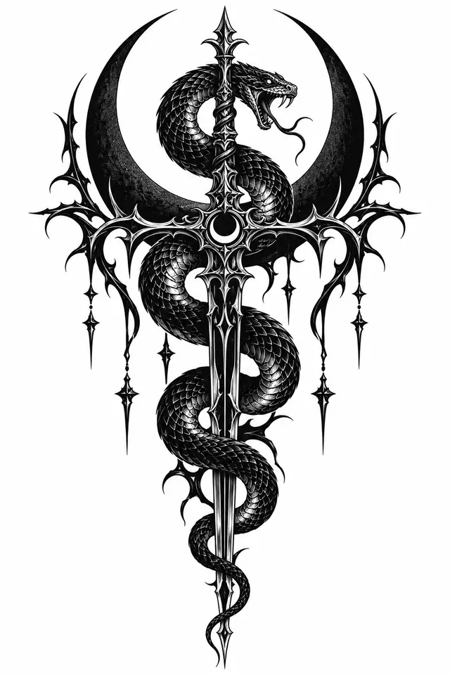 Blackwork snake and dagger tattoo design for the back