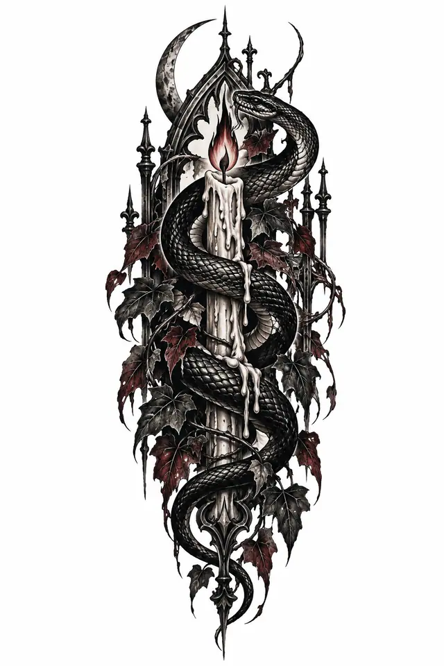 Blackwork snake and dagger tattoo design for the upper arm (half sleeve)