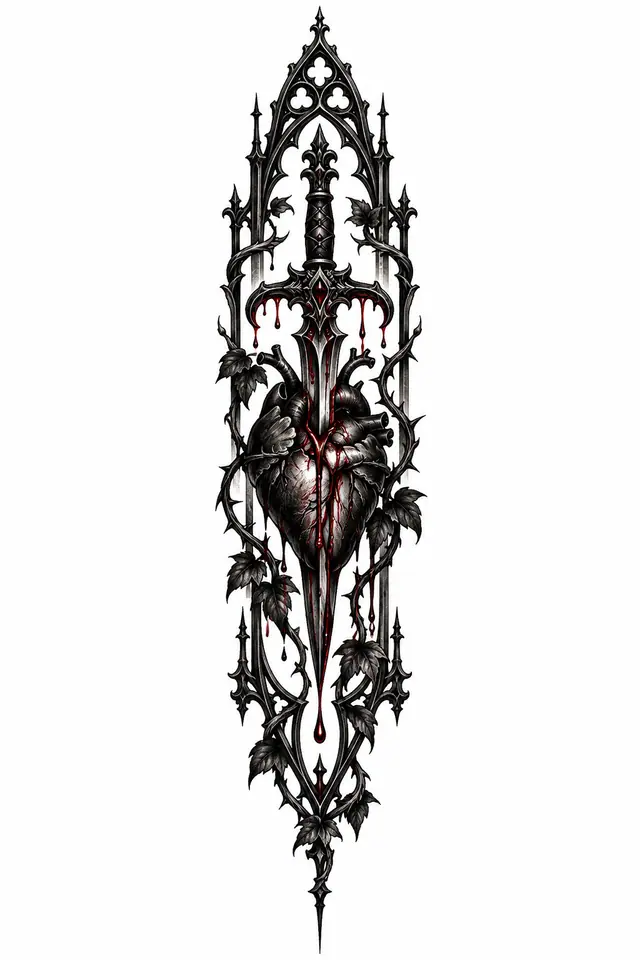 Blackwork snake and dagger tattoo design for the spine