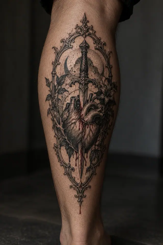 Dotwork snake and dagger tattoo on the calf