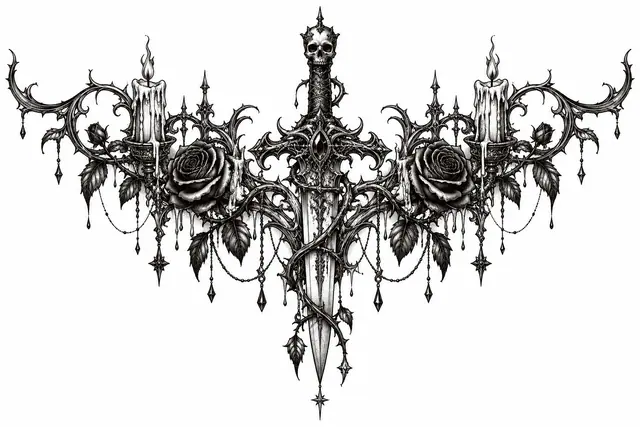 Dotwork snake and dagger tattoo design for the chest
