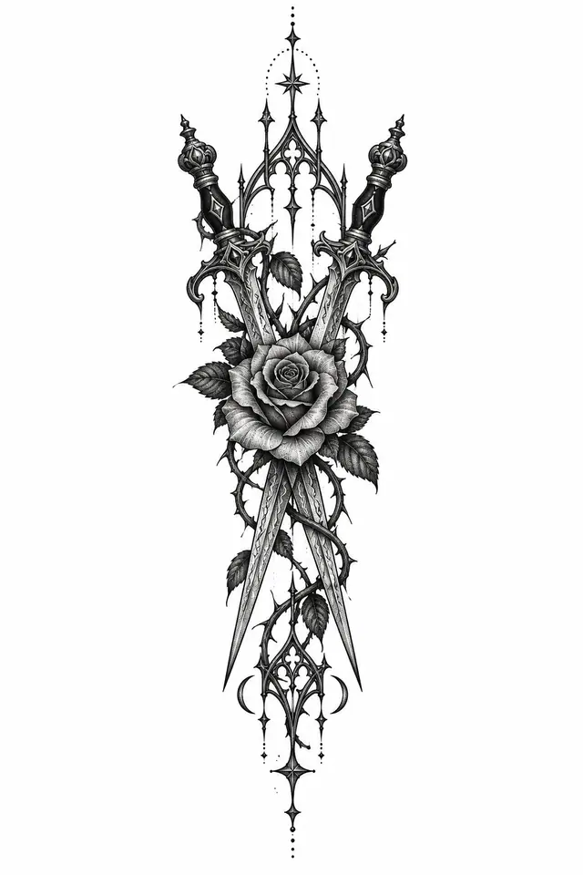 Dotwork snake and dagger tattoo design for the spine