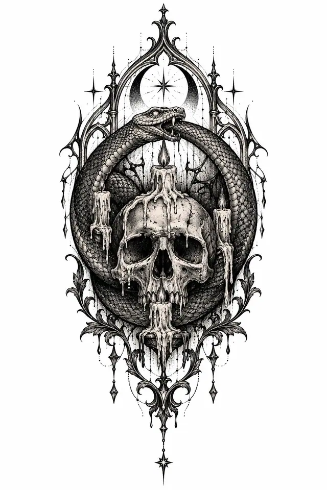 Dotwork snake and dagger tattoo design for the thigh