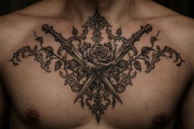 Engraving-style snake and dagger tattoo on the chest