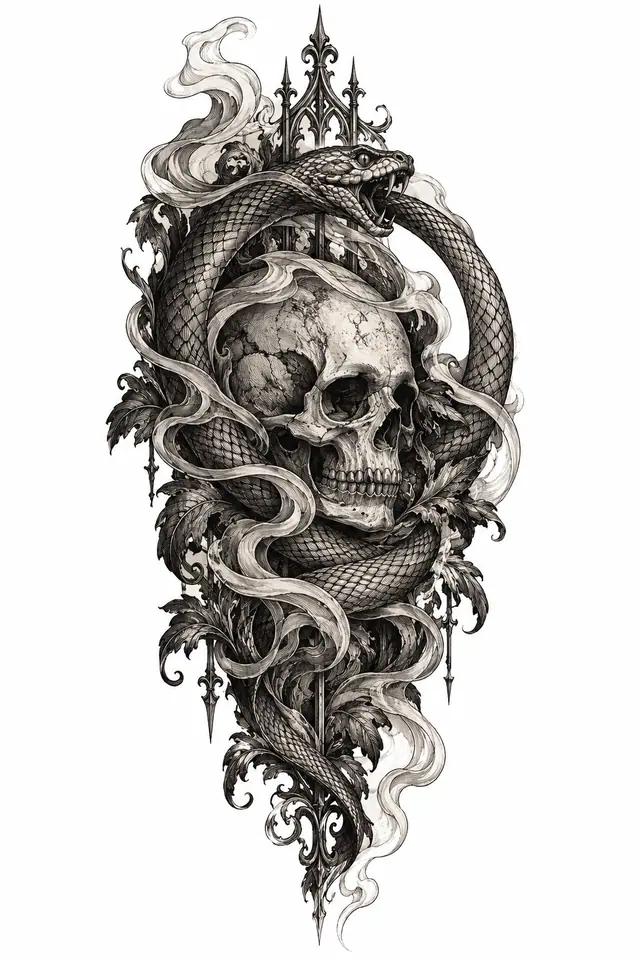 Engraving-style snake and dagger tattoo design for the upper arm (half sleeve)
