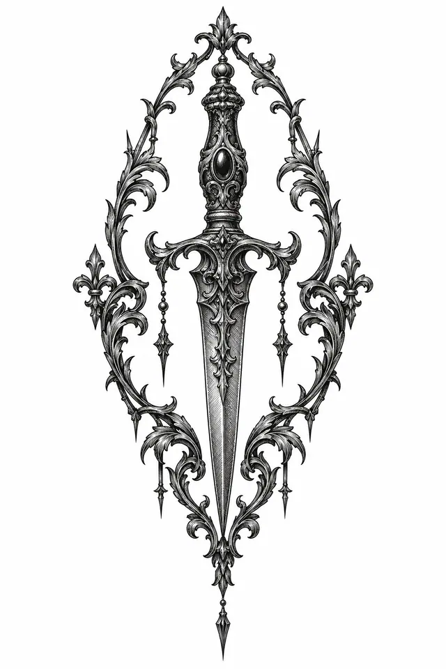 Engraving-style snake and dagger tattoo design for the hand