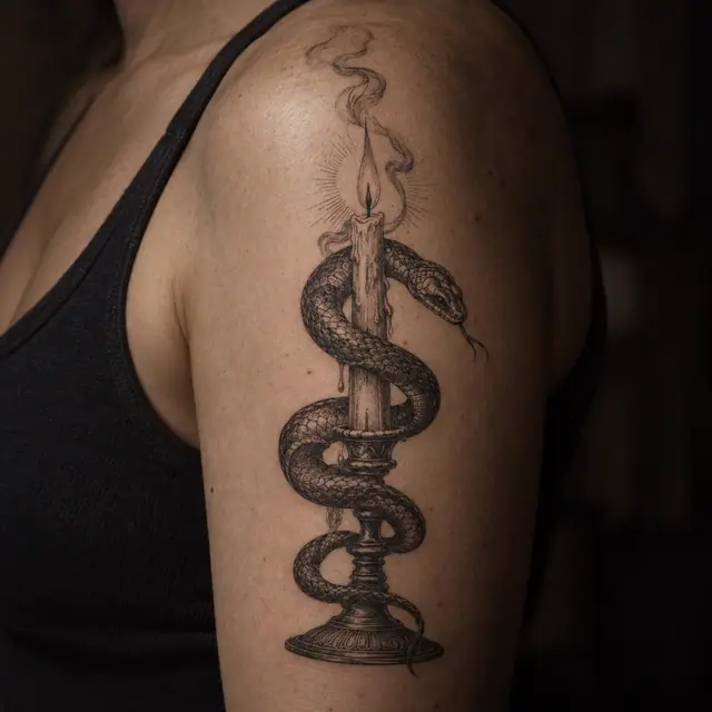 Engraving-style snake and dagger tattoo on the shoulder
