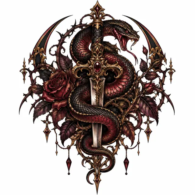 Neo-traditional snake and dagger tattoo design for the shoulder