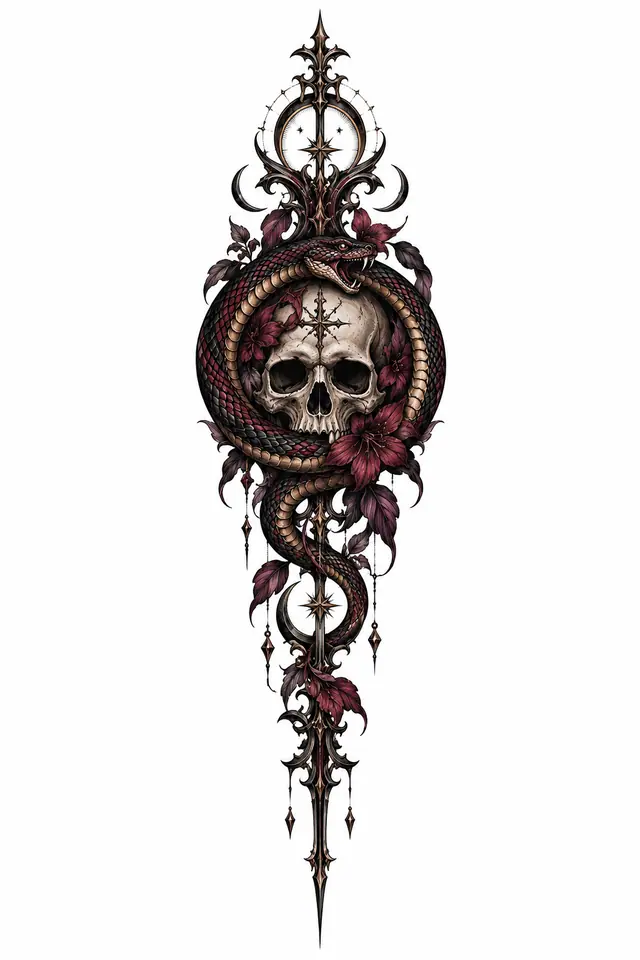 Neo-traditional snake and dagger tattoo design for the spine