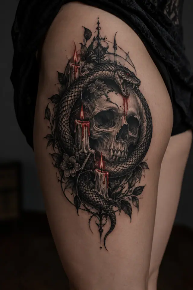 Red and black snake and dagger tattoo on the thigh