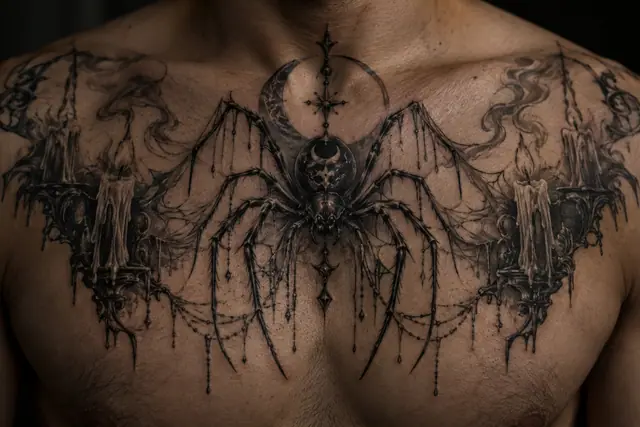 Black and grey gothic spider tattoo on the chest