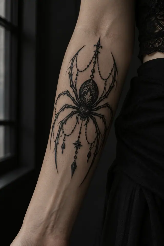 Blackwork gothic spider tattoo on the forearm