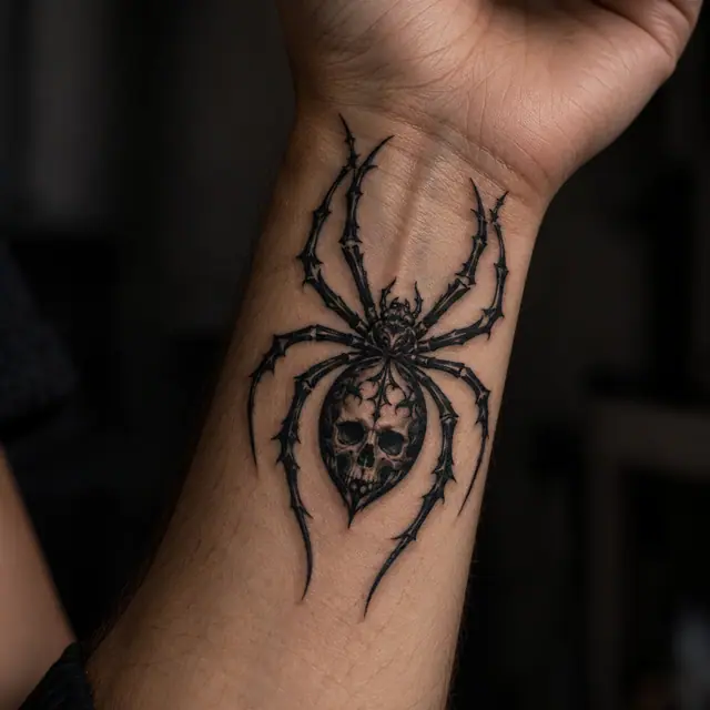 Blackwork gothic spider tattoo on the wrist
