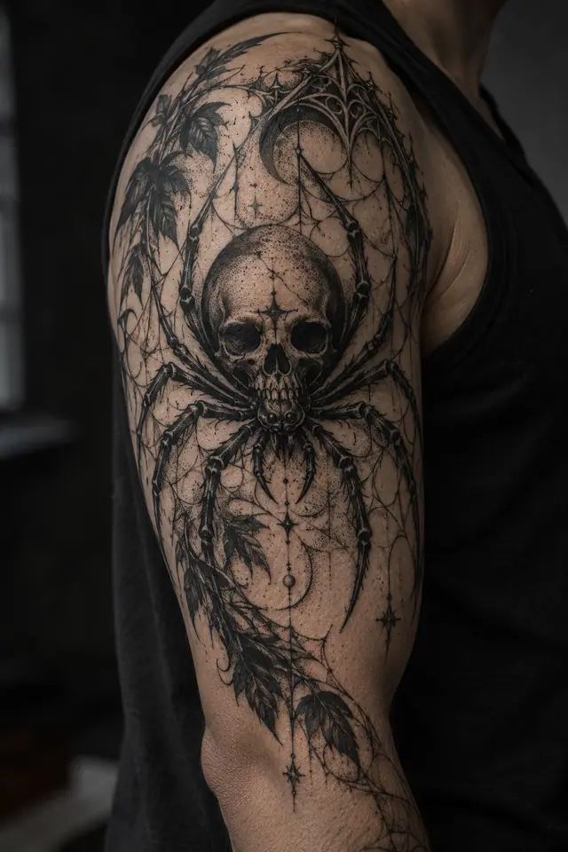Dotwork gothic spider tattoo on the upper arm (half sleeve)