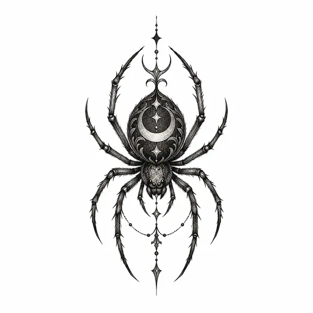 Engraving-style gothic spider tattoo design for the ankle