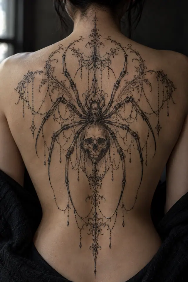 Fine-line gothic spider tattoo on the back