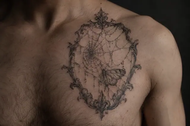 Fine-line gothic spider tattoo on the chest