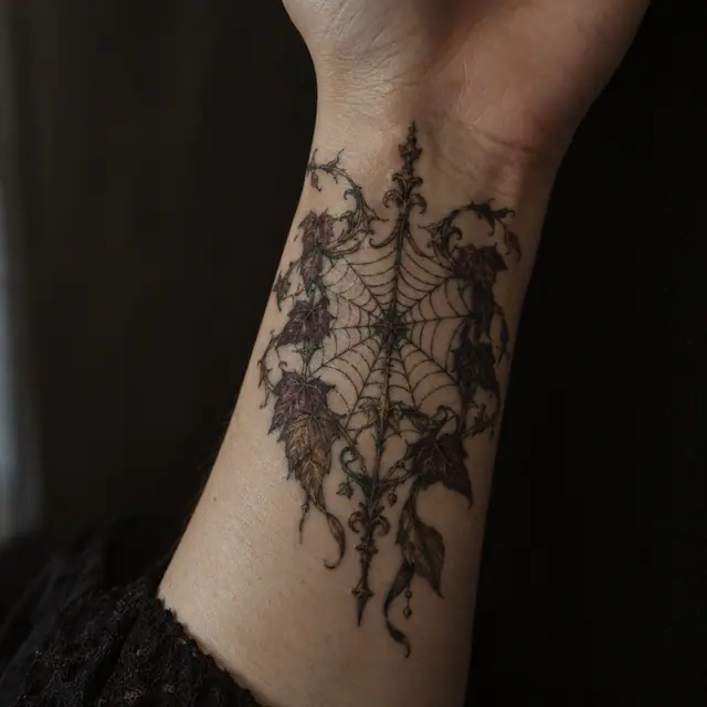 Neo-traditional gothic spider tattoo on the wrist