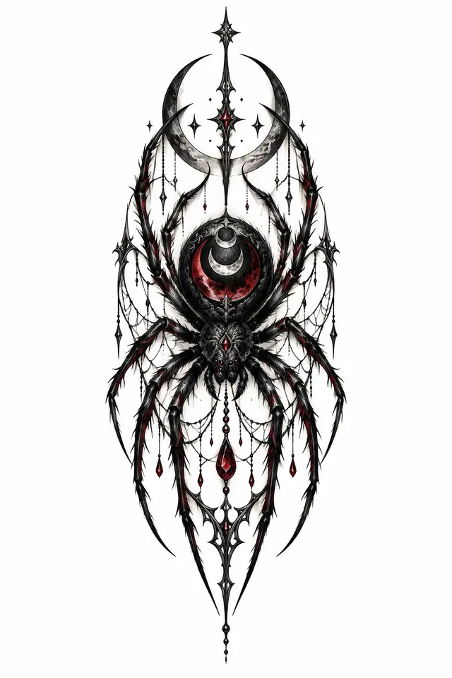 Red and black gothic spider tattoo design for the calf