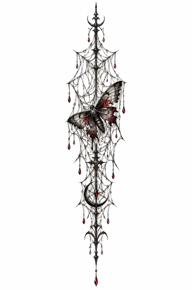 Red and black gothic spider tattoo design for the spine
