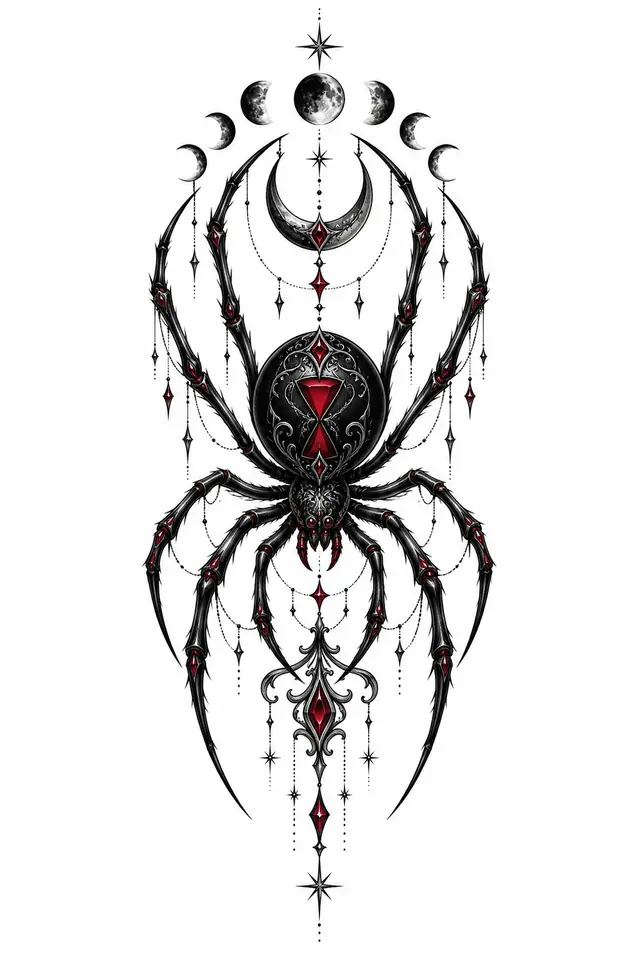 Red and black gothic spider tattoo design for the thigh