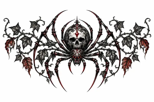 Red and black gothic spider tattoo design for the throat