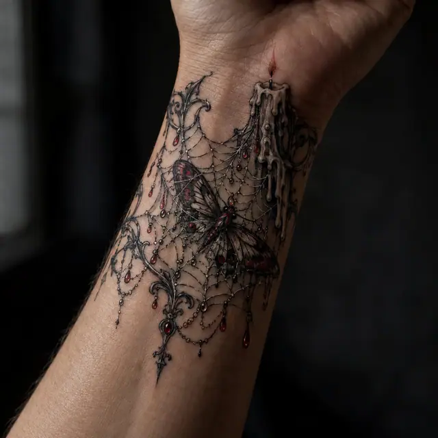 Red and black gothic spider tattoo on the wrist