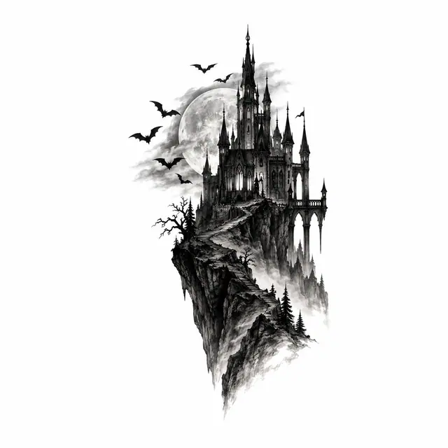 Black and grey gothic vampire tattoo design for the ankle