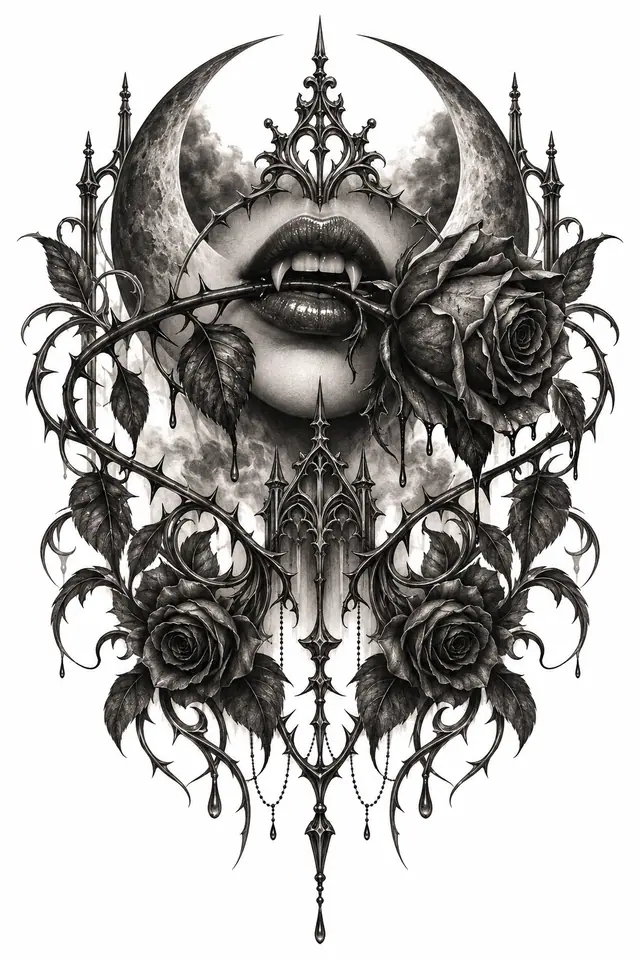 Black and grey gothic vampire tattoo design for the back