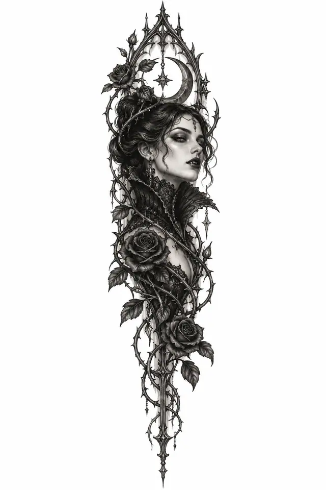Black and grey gothic vampire tattoo design for the spine