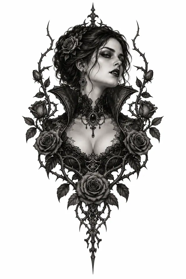 Black and grey gothic vampire tattoo design for the sternum