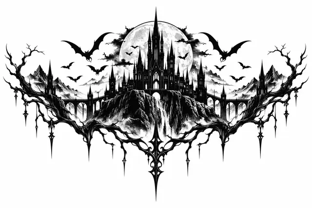 Blackwork gothic vampire tattoo design for the throat