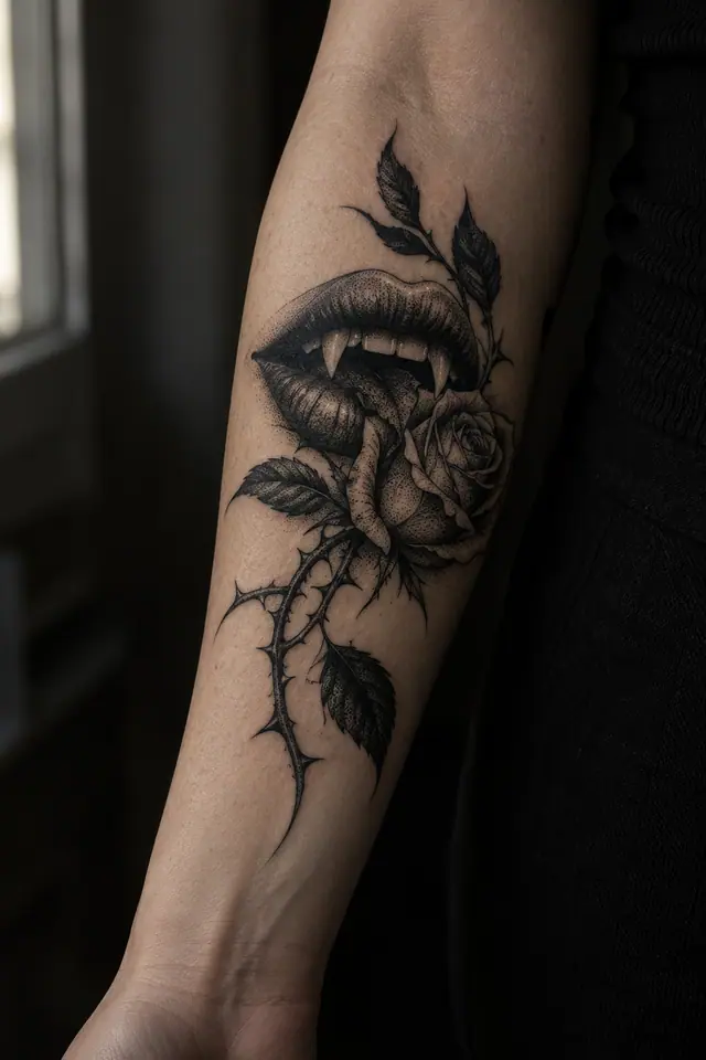 Dotwork gothic vampire tattoo on the forearm