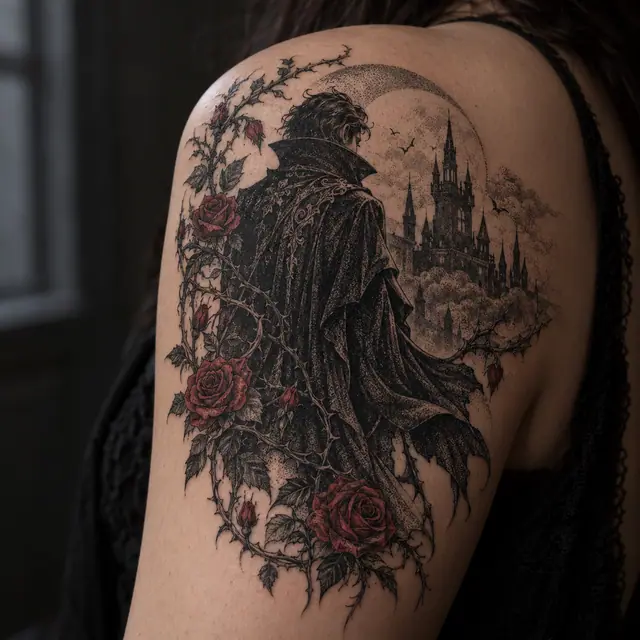 Dotwork gothic vampire tattoo on the shoulder