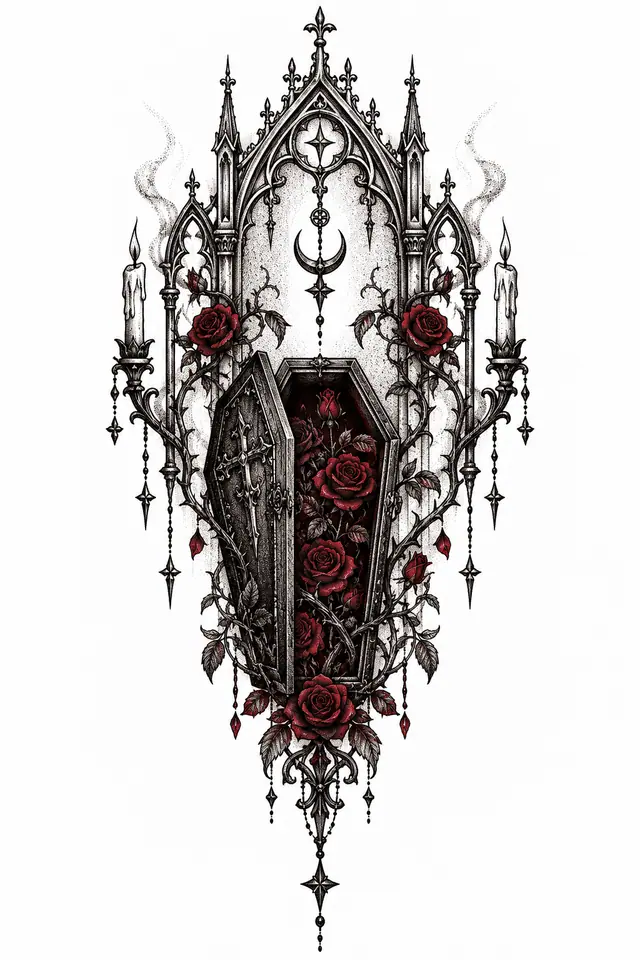 Dotwork gothic vampire tattoo design for the sternum