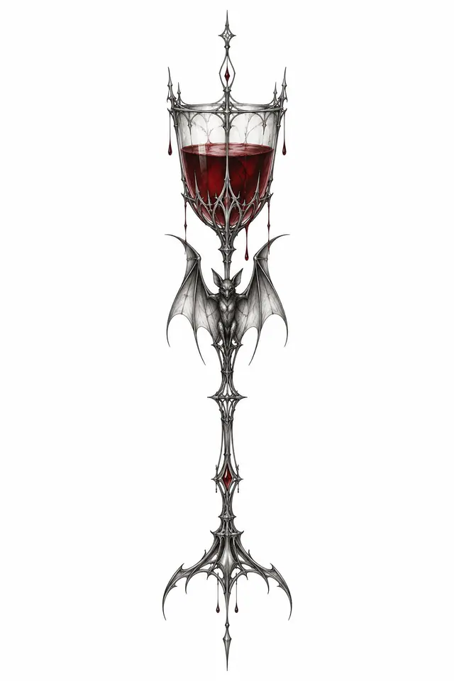 Fine-line gothic vampire tattoo design for the spine