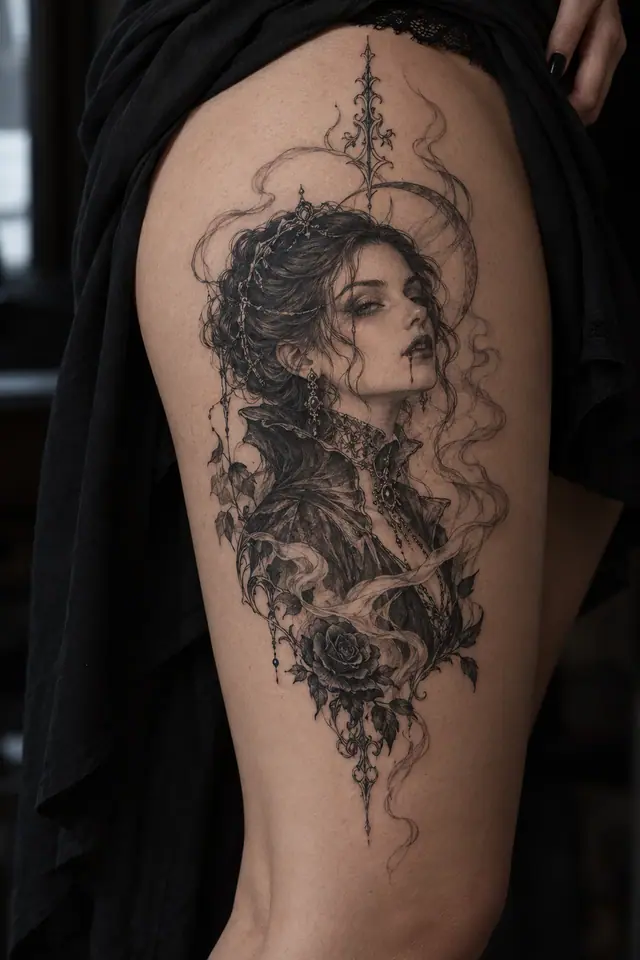 Fine-line gothic vampire tattoo on the thigh