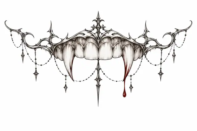 Fine-line gothic vampire tattoo design for the throat