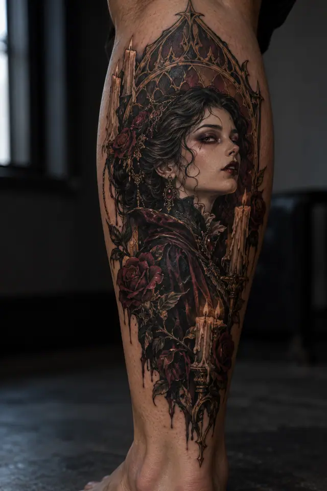 Neo-traditional gothic vampire tattoo on the calf
