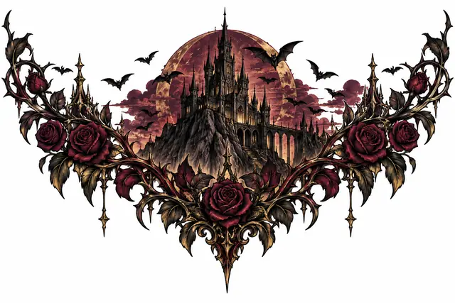Neo-traditional gothic vampire tattoo design for the throat