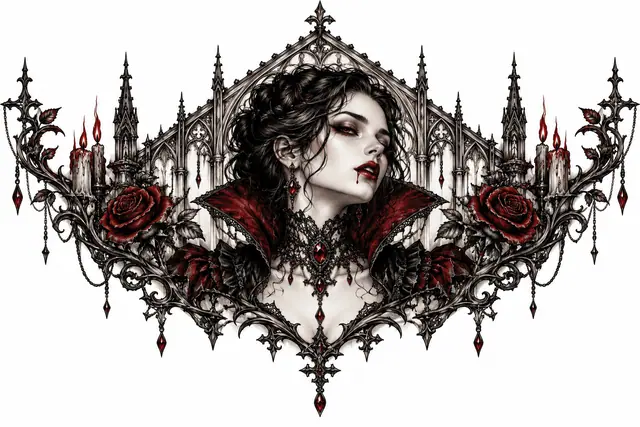 Red and black gothic vampire tattoo design for the chest