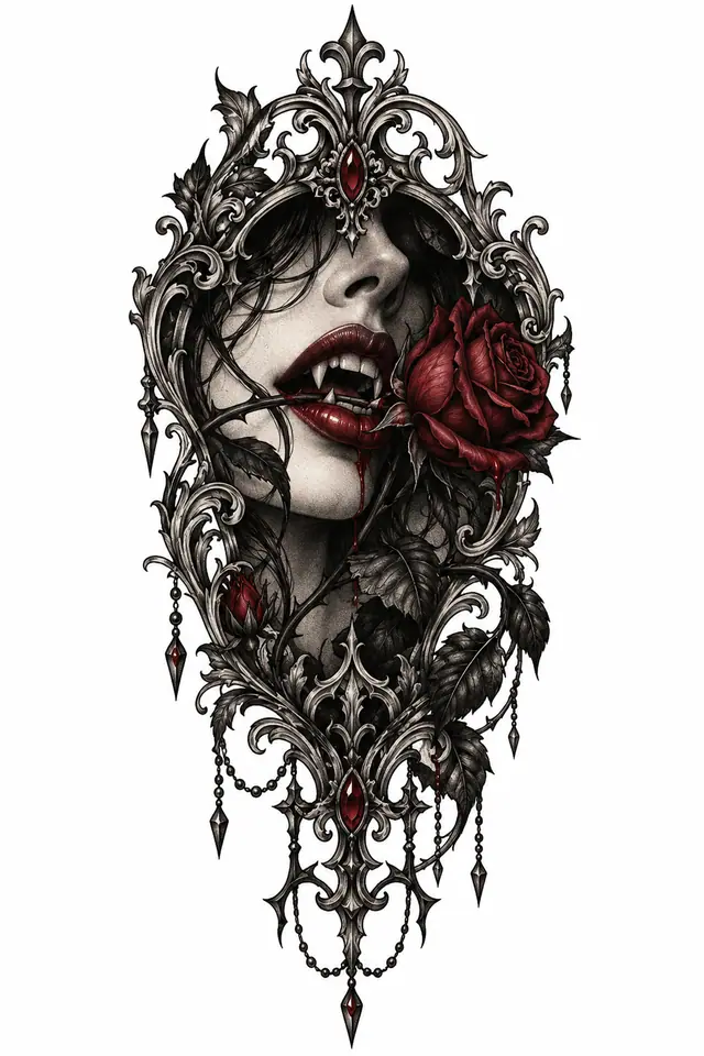 Red and black gothic vampire tattoo design for the upper arm (half sleeve)