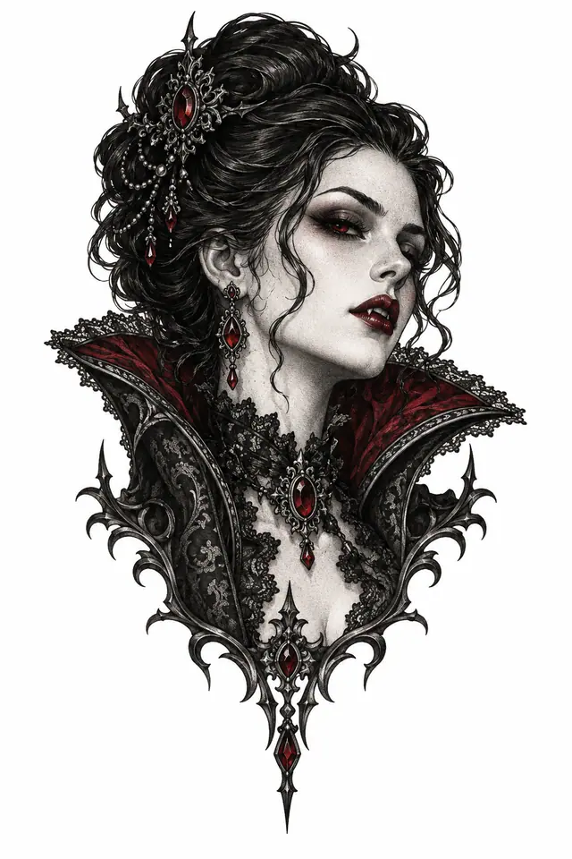 Red and black gothic vampire tattoo design for the hand
