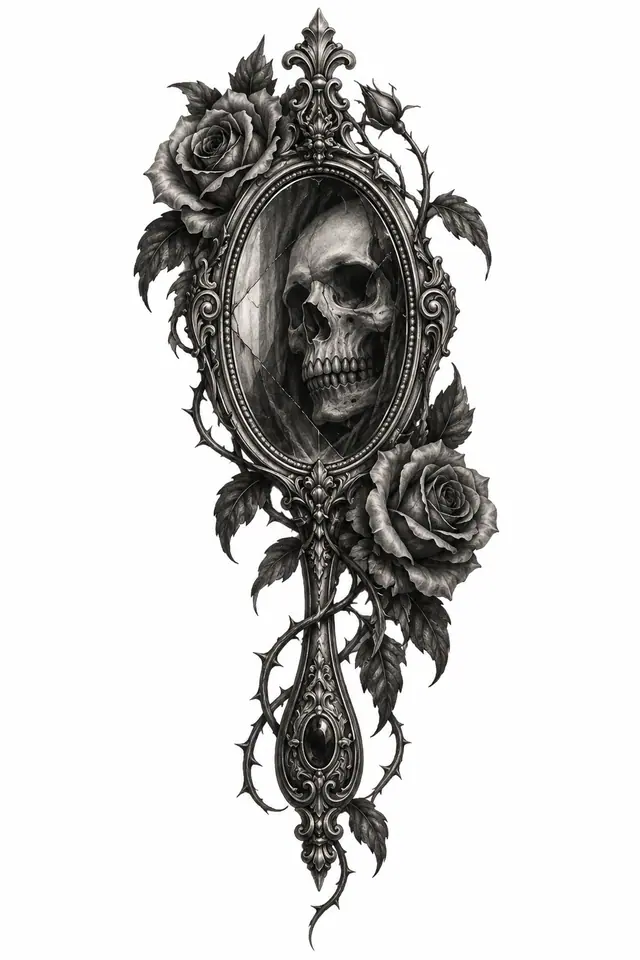 Black and grey Victorian gothic tattoo design for the calf