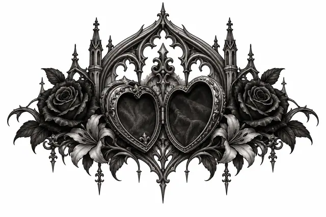 Black and grey Victorian gothic tattoo design for the chest