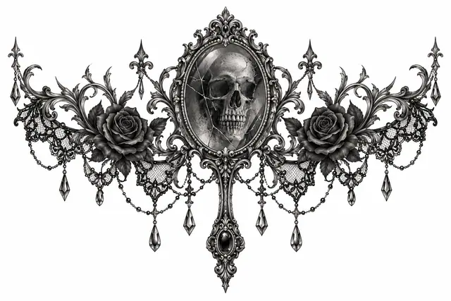 Black and grey Victorian gothic tattoo design for the throat