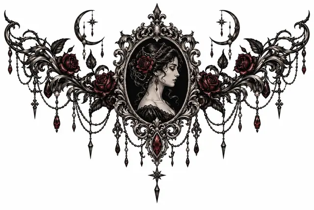Blackwork Victorian gothic tattoo design for the chest