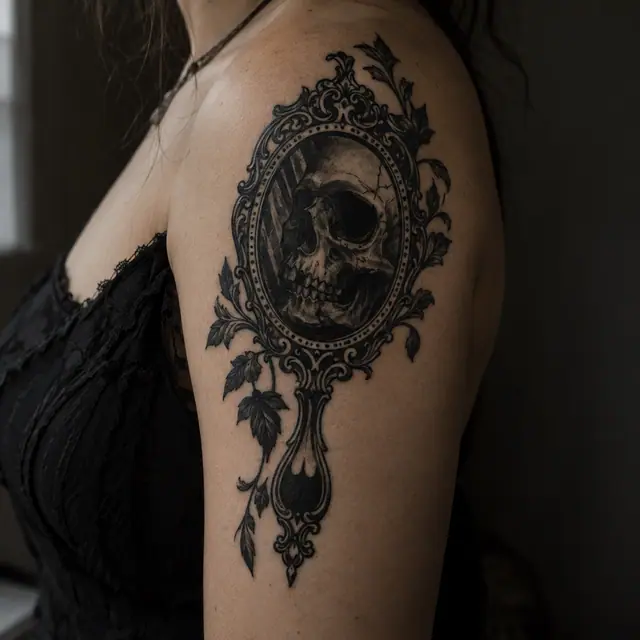 Blackwork Victorian gothic tattoo on the shoulder