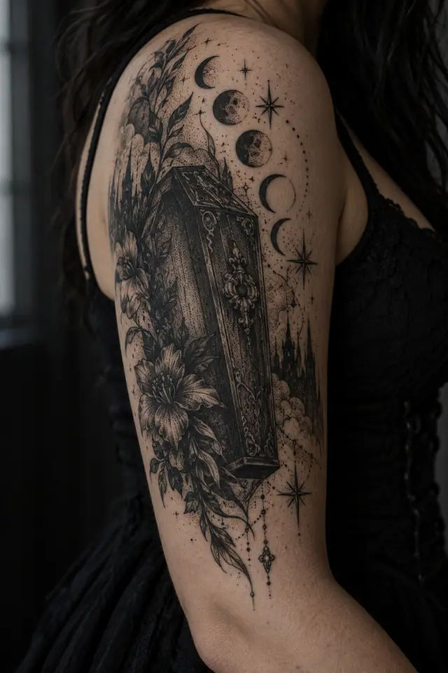 Dotwork Victorian gothic tattoo on the upper arm (half sleeve)