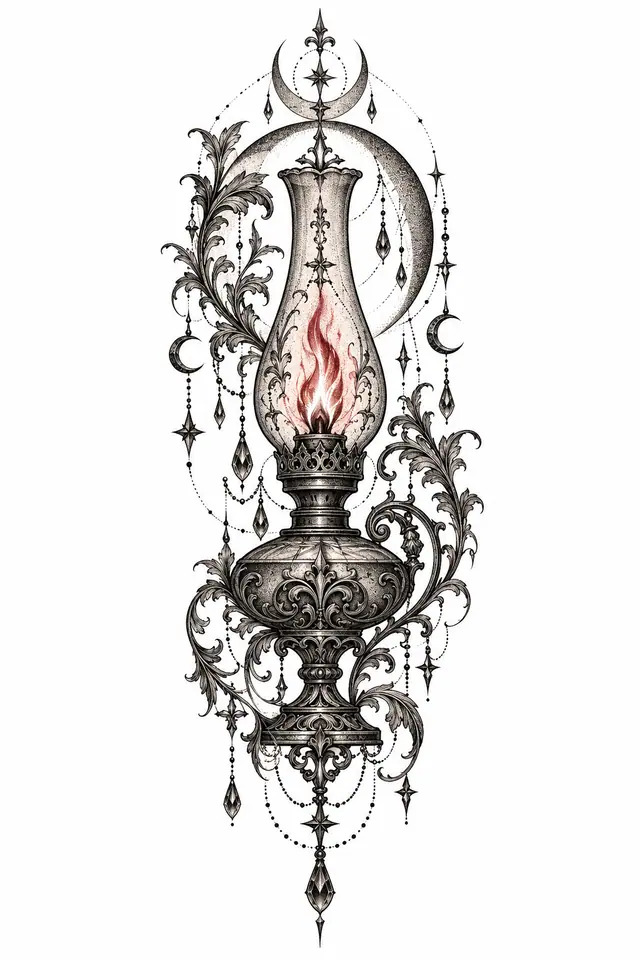 Dotwork Victorian gothic tattoo design for the thigh